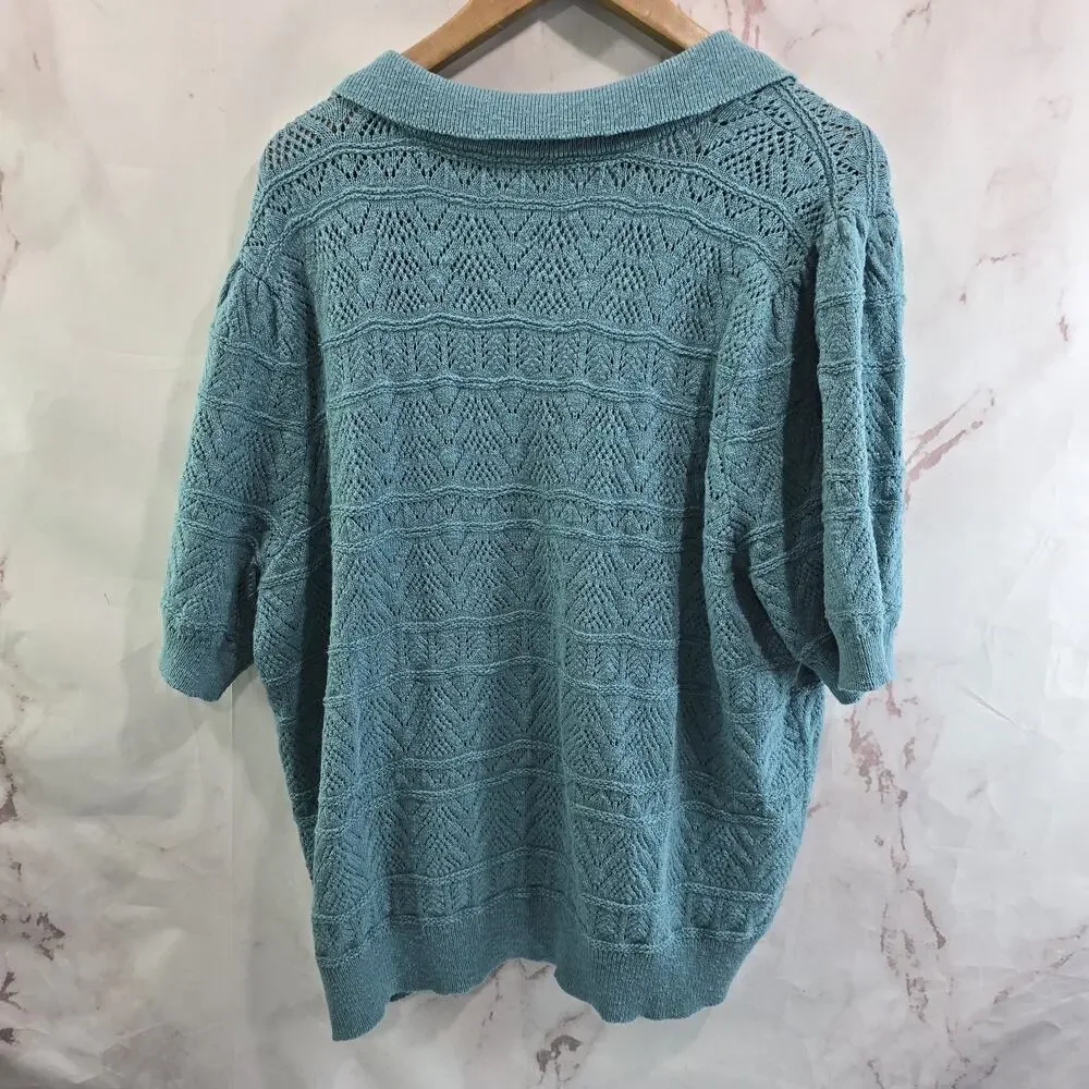 Sundance Sweater XXL 2XL Turquoise Polo V Neck Roslyn Pointelle